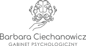 Logo gabinetu psychologicznego. Narząd ludzki - mózg stanowiący symbol stanu umysłowego otoczony jest gałązkami. Pod spodem otwarta ręka ma otoczyć go opieką.
